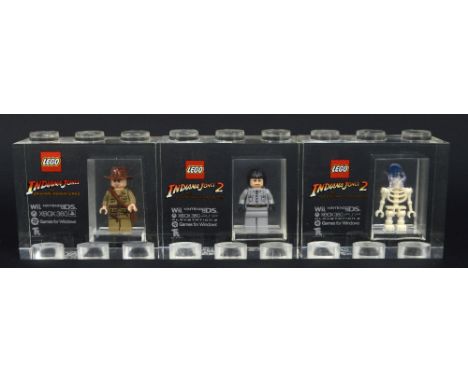 Three Lego for TT Games Minifigure acrylic trophy bricks, Indiana Jones from Indiana Jones: The Original Adventures games, is