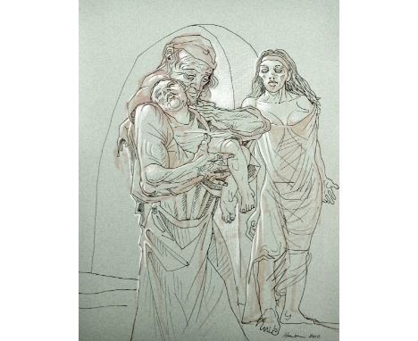 PETER HOWSON OBE (Scottish, born 1958); ink and watercolour heightened in white on paper 'David and Bathsheba', signed, inscr