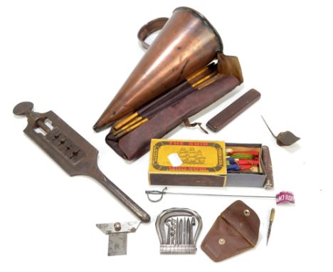 A small lot of various collectors' items to include a copper ale warmer, a boxed set of brass sovereign scales by A. Wilkinso