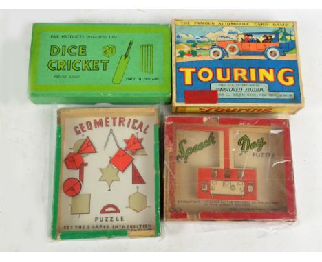 Four vintage boxed portable games comprising 'Touring' automobile card game, 'Dice Cricket', and R.J. series of popular puzzl