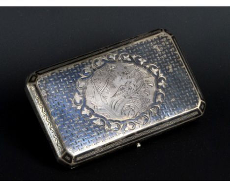 A mid-19th century Russian silver cigarette case of rectangular form with canted corner and niello decorated textured ground 