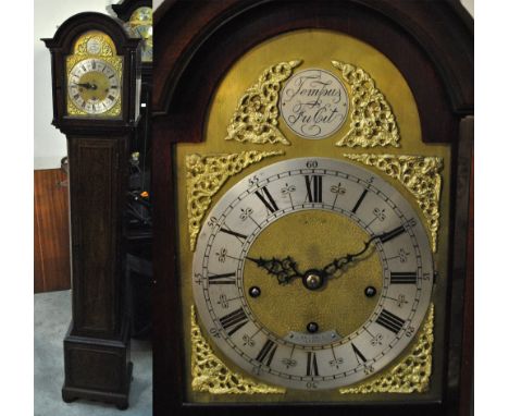 An early 20th century mahogany longcase clock of small proportions, the domed dial set with a roundel inscribed Tempus Fugit,