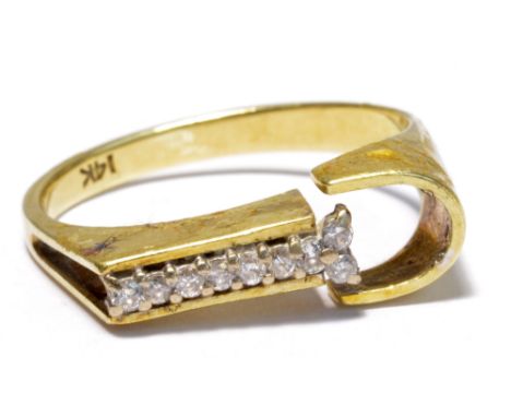 A 14ct yellow gold ring set with nine melee diamonds, size N, approx 4.4g (af).