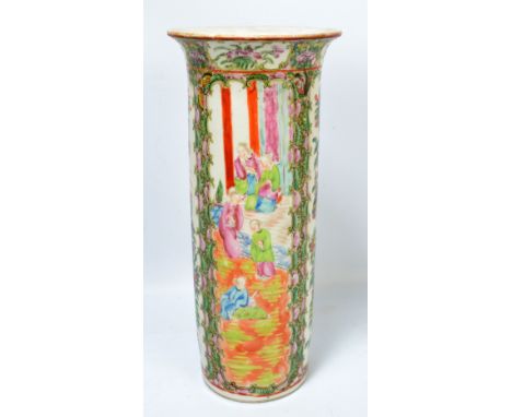 A circa 1900 Chinese Canton Famille Rose sleeve vase decorated with figures, exotic birds and butterflies, painted four chara