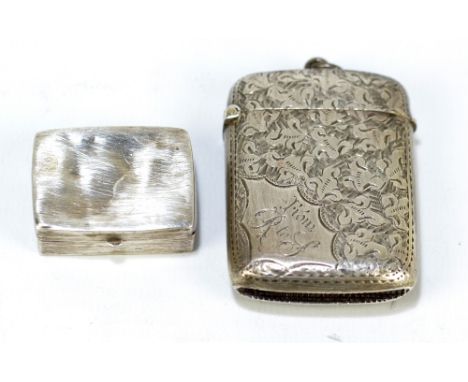 An Edwardian hallmarked silver vesta case of rounded rectangular form, inscribed 'From R to J', Birmingham 1903, and a small 