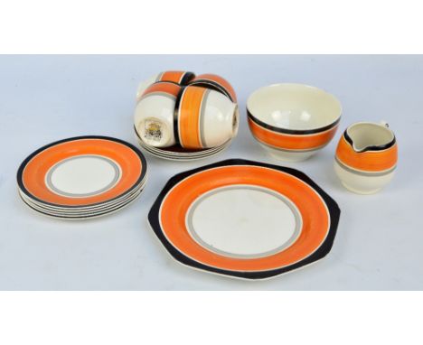 A Gray's hand painted orange and black five setting part coffee set comprising four coffee cups and saucers, five side plates