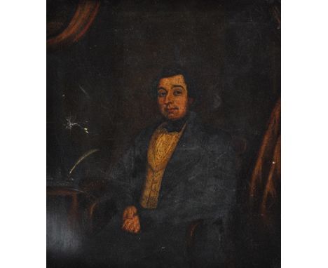 MID 19TH CENTURY ENGLISH SCHOOL; oil on card, portrait of a gentleman seated beside and ink standish, unsigned, with modern i