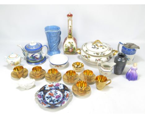 A group of various ceramics to include a Wade tapering mould decorated lemonade jug, height 23cm, a Jersey pottery gilt decor