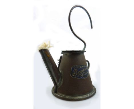 A circa 1880 miner's 'oil wick lamp' by Bramer of Leeds, height 22cm including hook.
