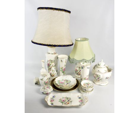 A group of Aynsley 'Pembroke' pattern decorated items including a bottle vase, a baluster vase and cover, jardinière, two lam