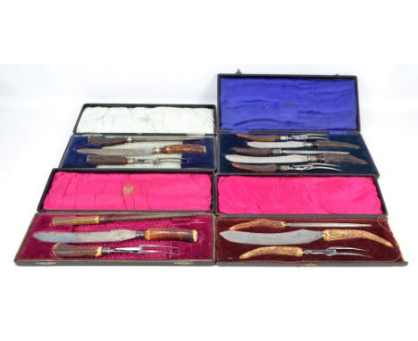 Three cased sets of late 19th/early 20th century Sheffield steel bladed and antler handled carving sets including three piece