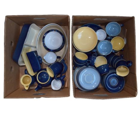 A quantity of Denby powder blue and dapple glazed dinner and tea ware including shallow soup bowls, cups and saucers, side pl