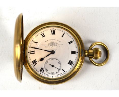 THOMAS RUSSELL OF LIVERPOOL; a gold plated crown wind full hunter pocket watch, the white enamel dial set with Roman numerals
