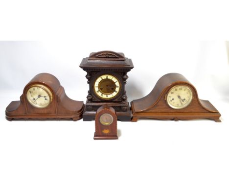 Two early 20th century oak cased mantel clocks, the silver dials set with Arabic numerals, the wider 49cm, also a contemporar