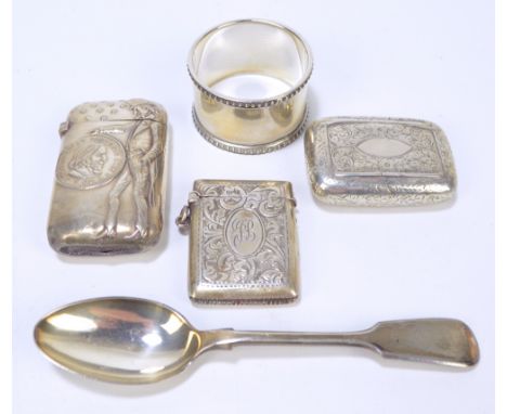 A George V hallmarked silver vesta case, Smith & Bartlam, Birmingham 1918, an American electroplated souvenir example, a silv