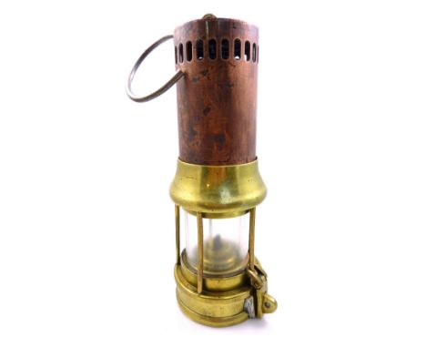 A circa 1900 Alfred Ellis of Wakefield Clanny style miner's flame safety lamp with wide middle ring and slide-off bonnet, hei