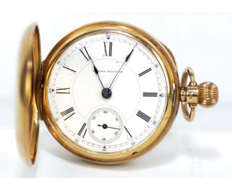 AURORA WATCH CO; an early 20th century 9ct gold cased full hunter crown wind pocket watch, the enamel dial set with Roman num