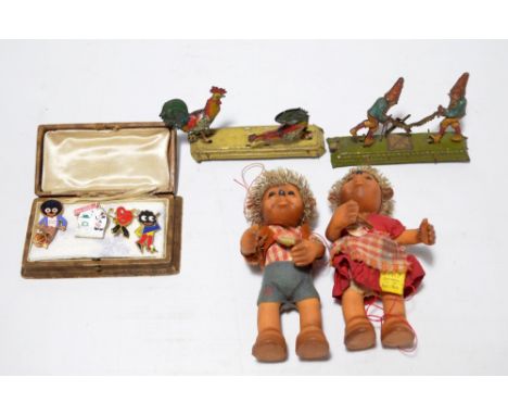 Two Steiff Macki and Mucki hedgehog dolls with paper labels, also two mid-20th century tinplate rooster and gnome games and a