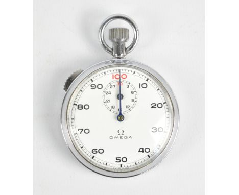 OMEGA; a chrome cased vintage stop watch with circular dial with outer numerals from 0-100, inner dial from 0-30, diameter ex