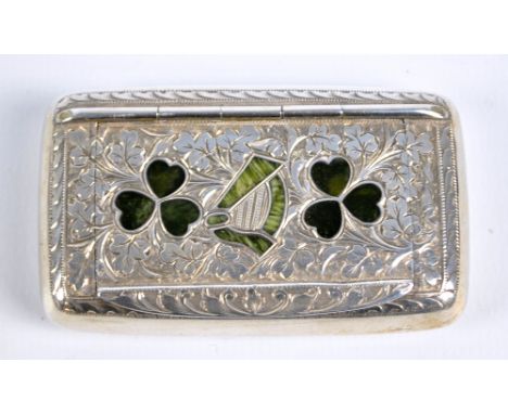 JOHN GRINSELL & SONS; a Edward VII hallmarked silver snuff box of rounded rectangular form, moss agate inset with Irish harp 