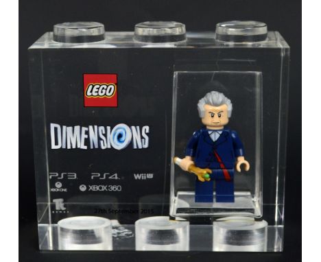 A Lego for TT Games Minifigure acrylic trophy brick, Doctor Who from the Dimensions game, issued 27th September 2015, 8 x 9.1