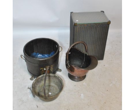 A brass banded coopered coal bucket with transferred coat of arms, a brass jam pan and a coal helmet scuttle, also a Lloyd Lo