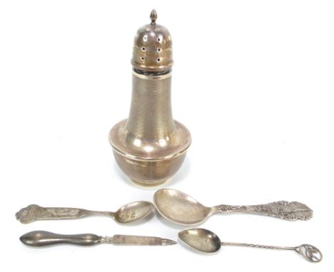 JOSEPH GLOSTER LTD; a George VI hallmarked silver baluster sugar caster with overall engine turned decoration, Birmingham 193