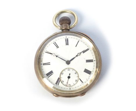 An early 20th century Swiss silver 0.900 open faced crown wind pocket watch, the white enamel dial set with Roman numerals an