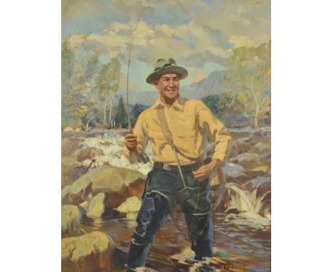 JOHN STREVES (1902-1990); oil on board, 'A Lucky Day', portrait of a triumphant fisherman standing in river, signed lower rig
