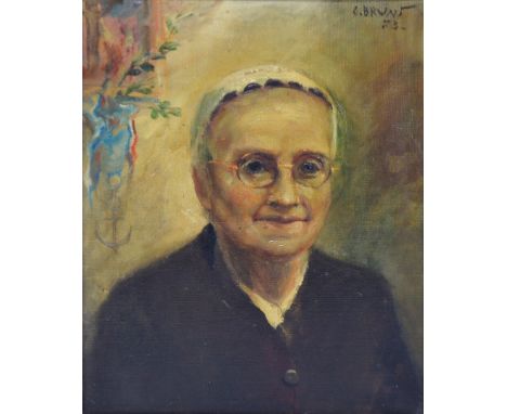 L BRUNT; oil on canvas, portrait of an elderly woman wearing spectacles, signed and indistinctly dated, 36 x 28cm, framed.