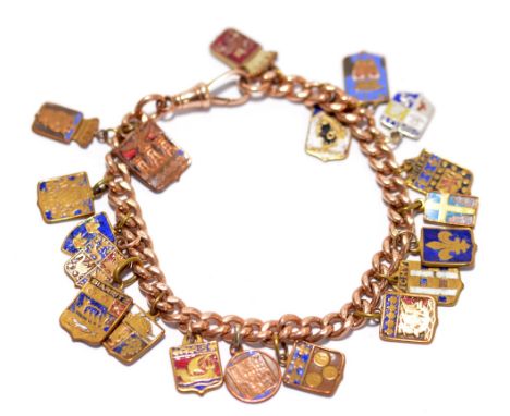 A 9ct rose gold curb link bracelet with clip clasp suspending a collection of metal and enamel heraldic and crested shield sh