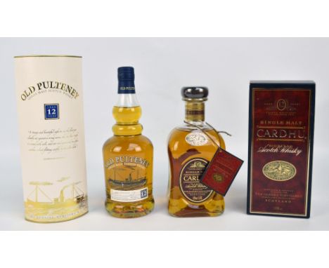 A boxed bottle of Old Pulteney single malt 12 years Scotch whisky, and a boxed bottle of Cardhu 12 years single malt example 