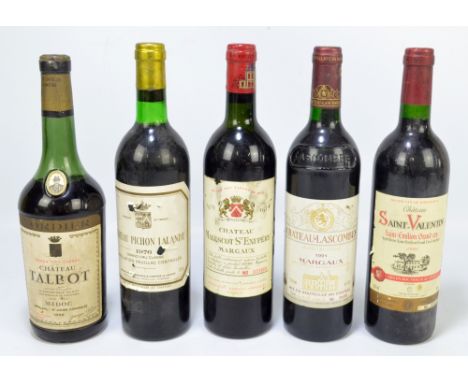 Five bottles of vintage red wine; Chateau Talbot 1966, Chateau Saint-Valentin Saint-Emilion Grand Cru 1998, Chateau Malescot 