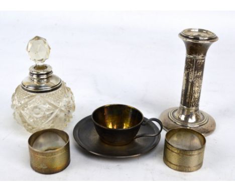 VINERS LTD; two George V hallmarked silver napkin rings with engine turned decoration, each initialled to the square cartouch