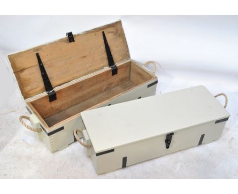 Two WWII period military issue painted wooden ammunition boxes with rope handles and hinged lids, widths 92cm and both with W
