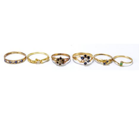 Six various 9ct yellow gold dress rings set with variously coloured stones, size K-P, approx 8g (some af) (6).