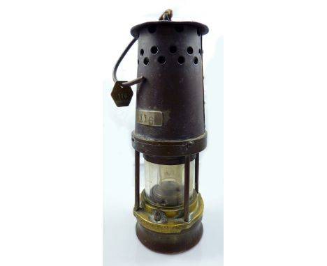A circa 1920 Davis of Derby Type No 2A official's gas testing miner's safety lamp, height 26cm, with Arkwright Colliery tally