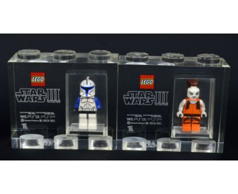 Two Lego for TT Games Minifigure acrylic trophy bricks, Captain Rex and Aurra Sing from the Star Wars III: The Clone Wars gam