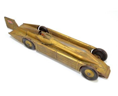 A Golden Arrow 1929 tin clockwork toy car, length 52cm, with key. CONDITION REPORT: Numerous areas of heavy wear to the top p