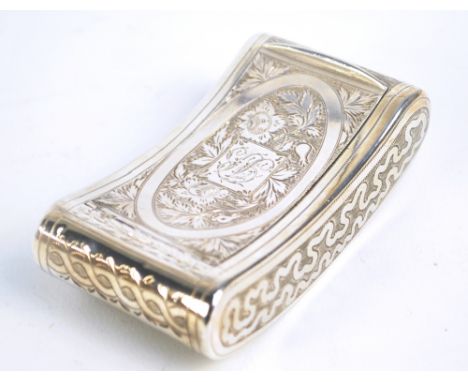 THOMAS THOMPSON; a George III hallmarked silver snuff box of curved rounded rectangular form overall engraved and pin pricked