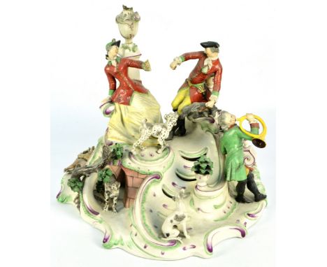 A large Nymphenburg porcelain figural porcelain group set with numerous figures, hounds, fallen stag, etc, printed marks to b