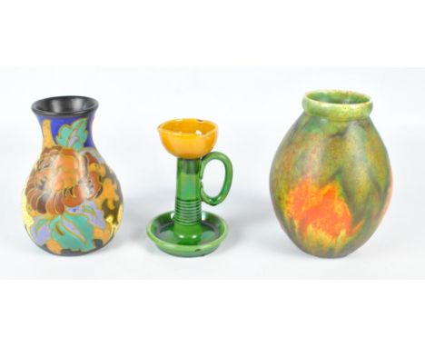 A small group of ceramics comprising an Aller Vale green and yellow glazed earthenware candlestick with printed mark and no.1