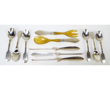 WS SAVAGE & CO; a set of six George V hallmarked silver fiddle pattern teaspoons, Sheffield 1915, and a pair of Danish silver