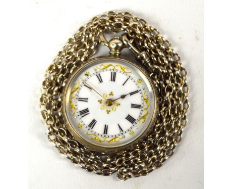 A French 800 silver open face crown wind pocket watch, with bright cut decoration and vacant shield cartouche, the white enam