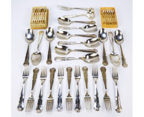 A set of Norwegian electroplated flatware by Carl Johnsen comprising twelve soup spoons, eleven forks, twelve coffee spoons, 
