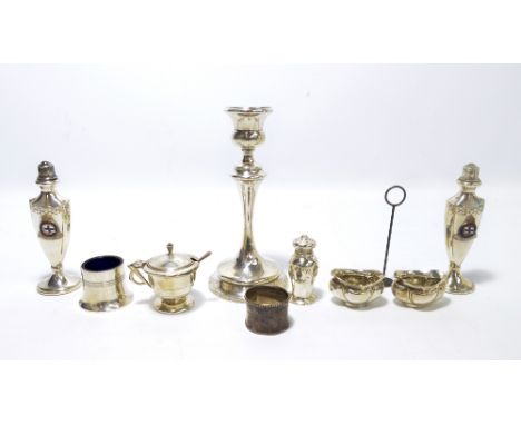 A quantity of hallmarked silver items comprising a pair of Art Nouveau small open salts, Joseph Gloster, Birmingham 1913, a s