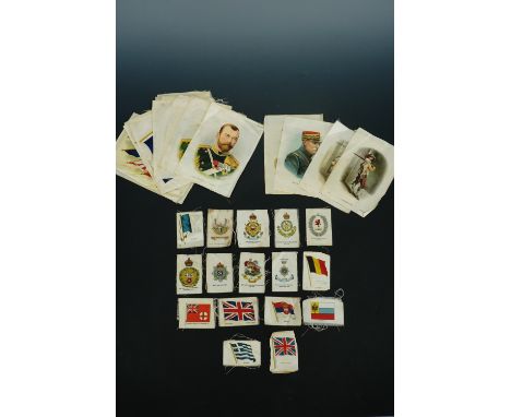 A quantity of Great War period cigarette silks depicting British army cap badges, soldiers, flags etc