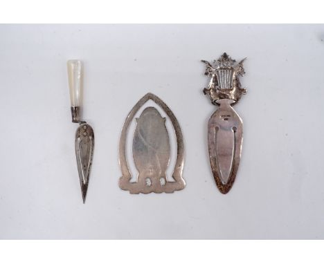 Three silver and white metal novelty book markers / bookmarks, one modelled as a trowel, Birmingham, 1936, 18.2 g 