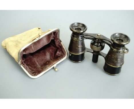 A set of late Victorian pocket binocular field glasses with integral magnetic compass, in purse-like pouch, 9 cm x 6.5 cm 