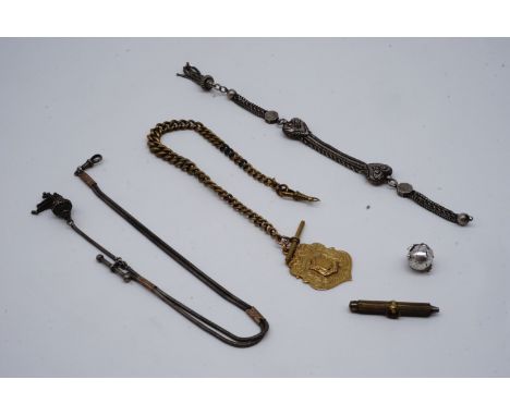 A Victorian Albertina watch chain, two other watch chains, a fob medallion, Masonic silver fob and universal watch key